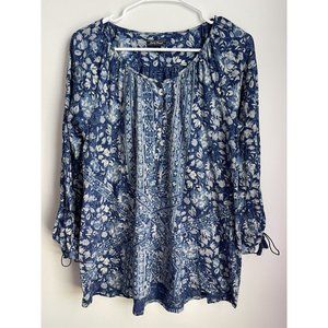 Lucky Brand Boho Knit Top Blue Floral Henley Tasseled 3/4 Sleeves Size L